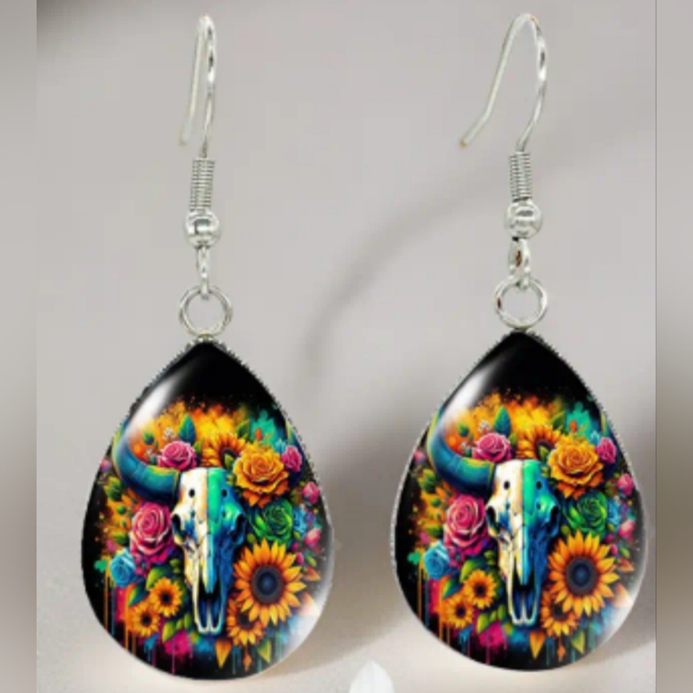 2/30$‎ Or 3/$35 Colorful Floral Western Cowgirl Skull Drop Earrings-(#337)